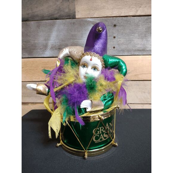 VTG Grand Casino Jester on Green Drum Music Box in Mardi Gras Colors 10" Tall - Picture 1 of 3